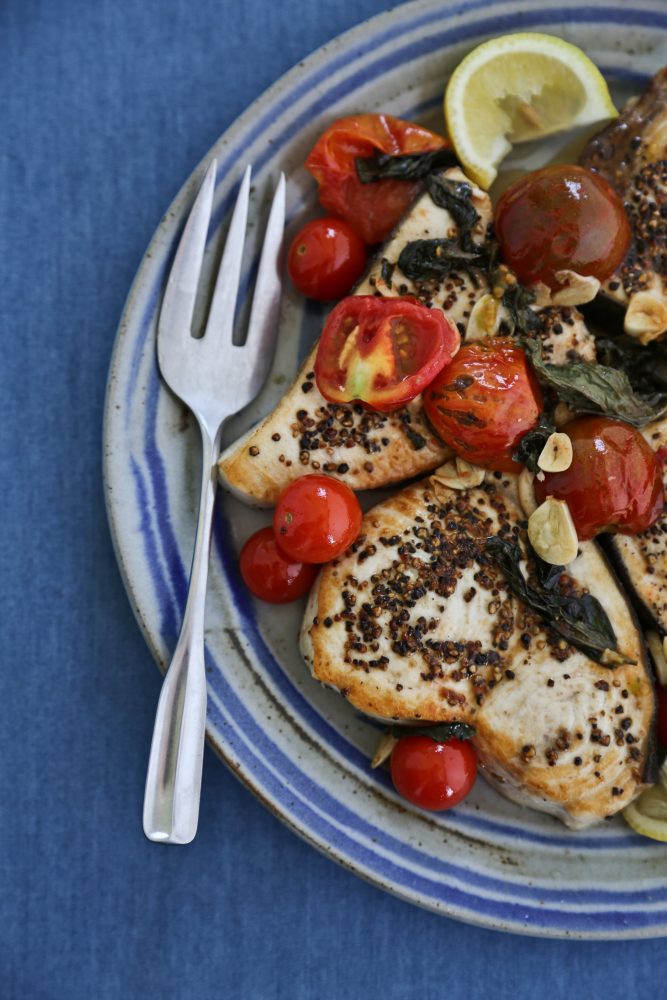 You are currently viewing Swordfish Steaks au Poivre with Tomatoes and Basil