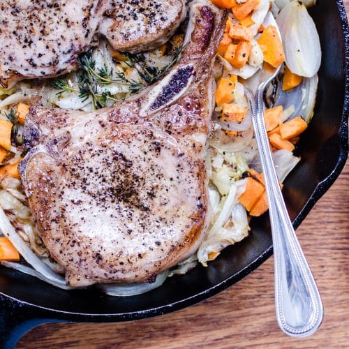 You are currently viewing Skillet Suppers: Pork Chops with Cabbage and Sweet Potatoes