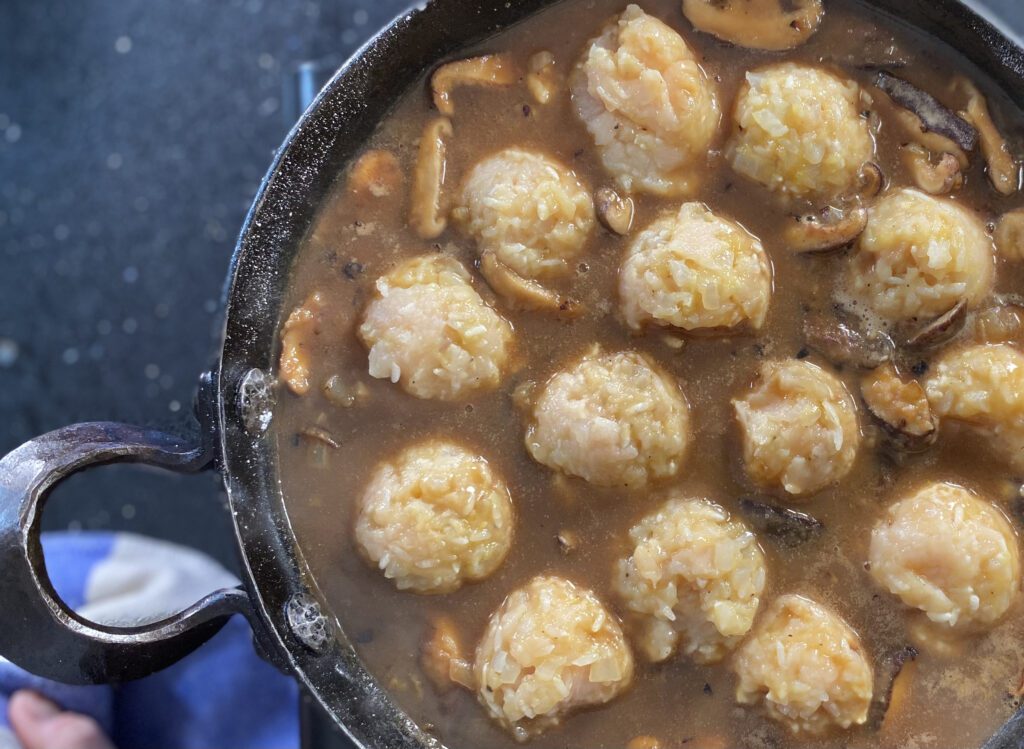 Chicken and Rice Meatballs in Mushroom Gravy Virginia Willis