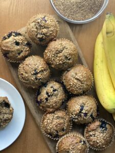 Healthy recipe for Blueberry Banana Flaxseed Muffins on virginiawillis.com