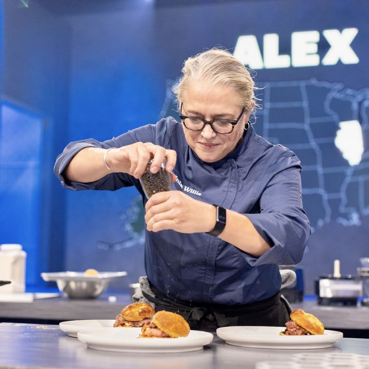 Chef Virginia Willis on set of Alex vs America